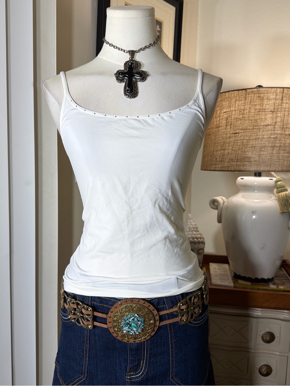 Cache White Spaghetti Strap Camisole with Rhinestone Delicate Neckline